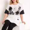 Floral Graphic Longline Blouse with Polka Dot Accents