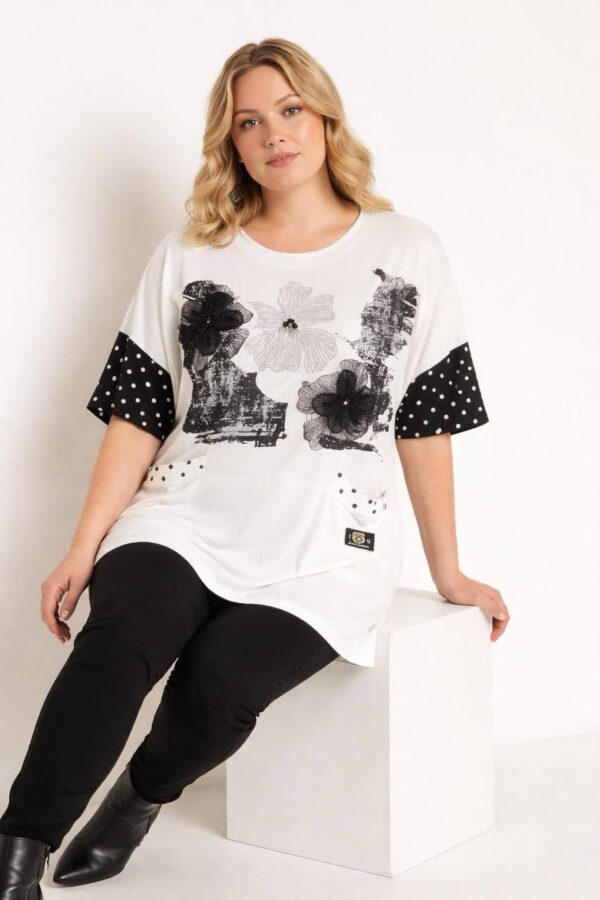 Floral Graphic Longline Blouse with Polka Dot Accents