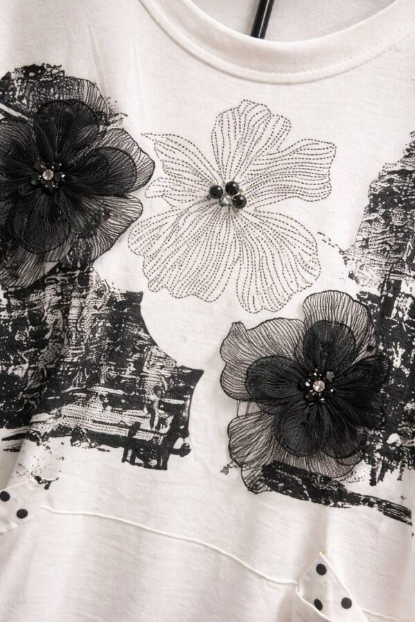 Floral Graphic Longline Blouse with Polka Dot Accents