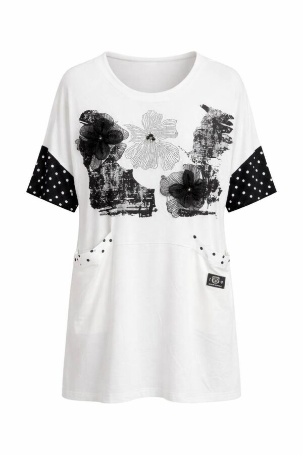 Floral Graphic Longline Blouse with Polka Dot Accents