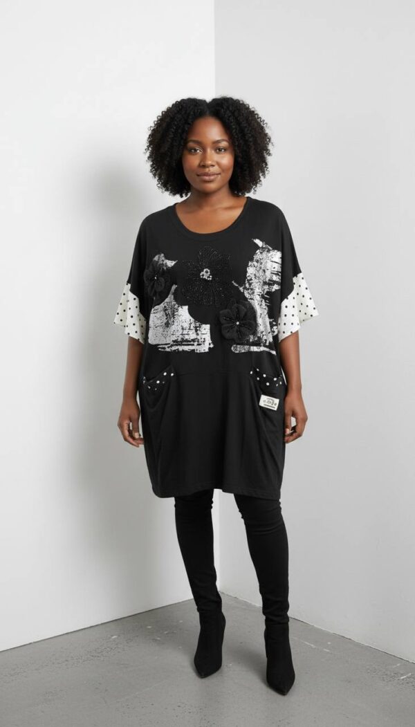 Floral Graphic Longline Blouse with Polka Dot Accents