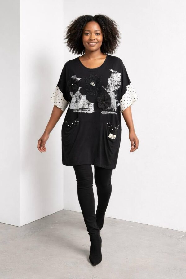 Floral Graphic Longline Blouse with Polka Dot Accents