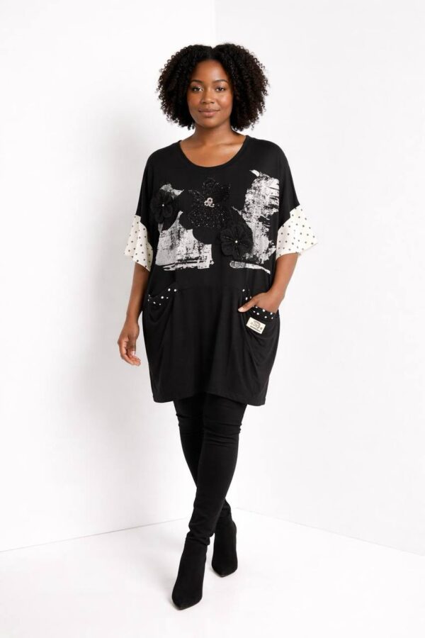 Floral Graphic Longline Blouse with Polka Dot Accents