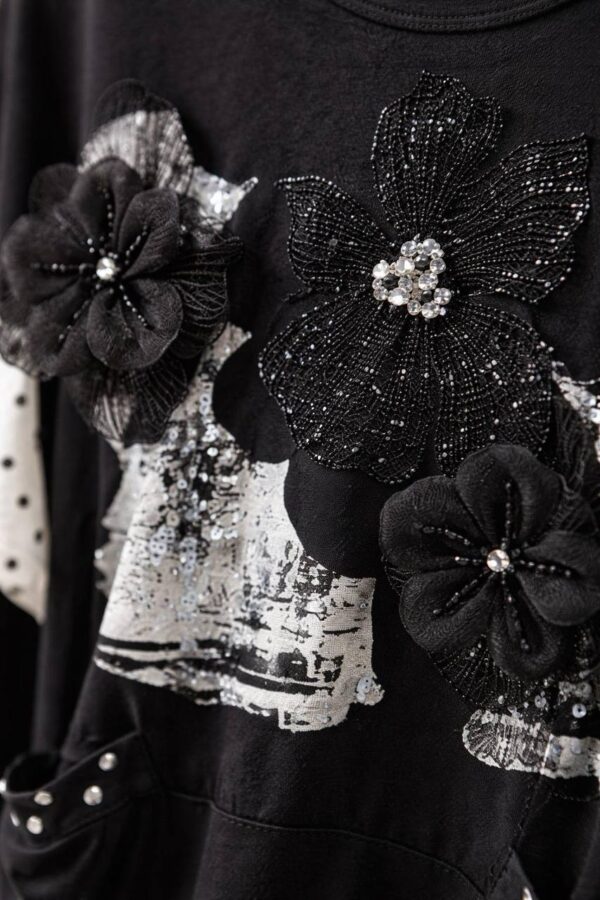 Floral Graphic Longline Blouse with Polka Dot Accents