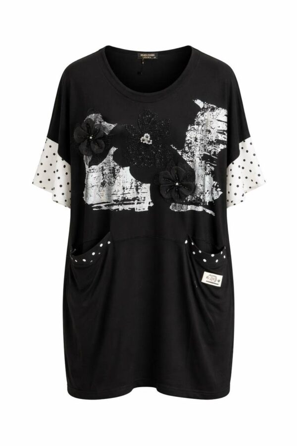 Floral Graphic Longline Blouse with Polka Dot Accents