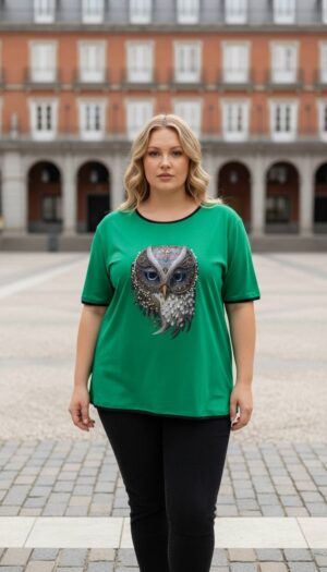 file_1400-1.jpg Women's Green Owl Embellished Short Sleeve Blouse