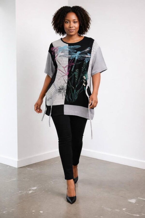 file_1431.jpg Dragonfly Graphic Patchwork Knit Tunic Blouse