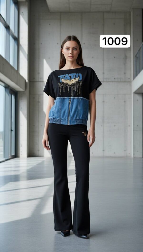 file_1527.jpg Chic Denim-Patch Graphic Tee and Flare Pants Set