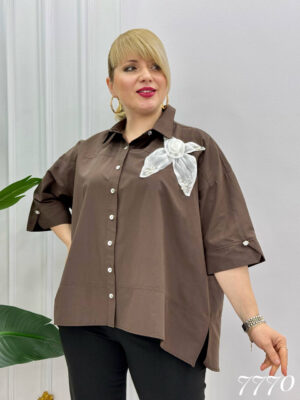 file_1723-1.jpg Elegant Brown Oversized Shirt with Floral Applique