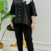 Elegant Brown Oversized Shirt with Floral Applique