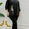 Elegant Black Button-Down Shirt with Gold Embroidery