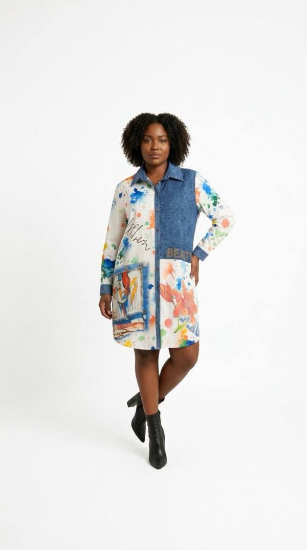 Artistic Paint Splatter Denim Mini Shirt Dress