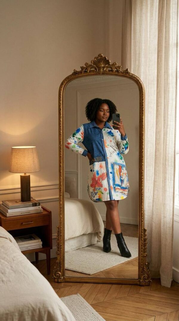 Artistic Paint Splatter Denim Mini Shirt Dress