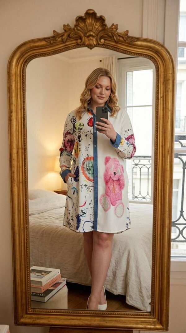 file_1938.jpg Graphic Print Shirt Dress with Denim Accents