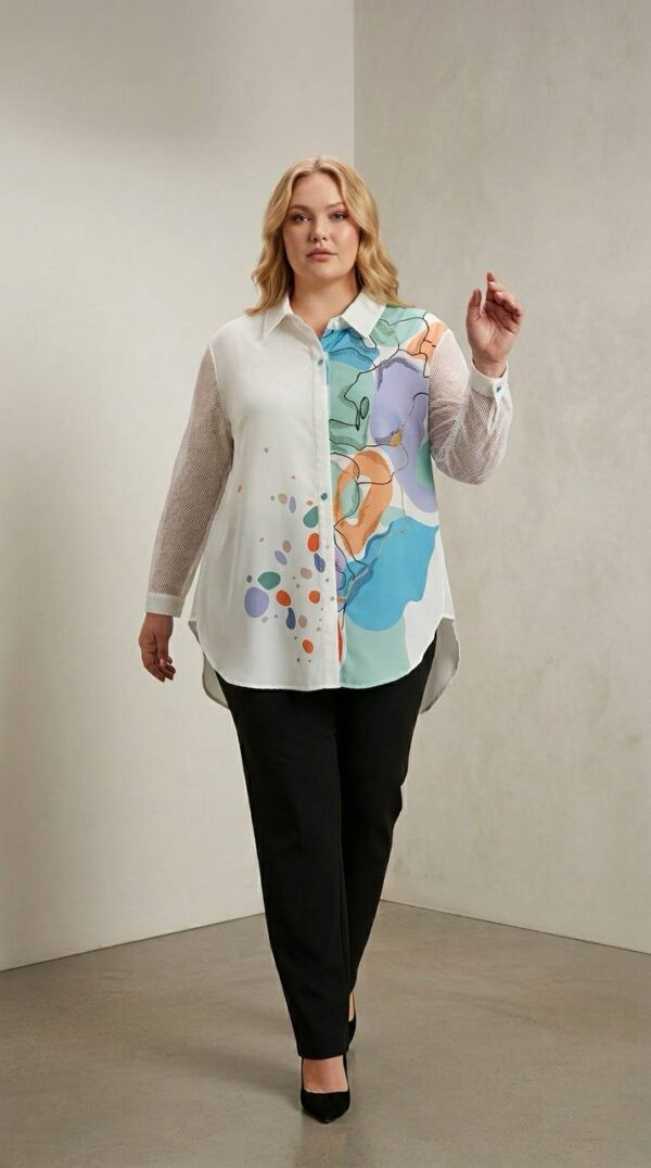 Women's Abstract Print Mesh Sleeve Tunic Shirt