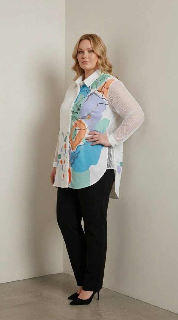 Women's Abstract Print Mesh Sleeve Tunic Shirt