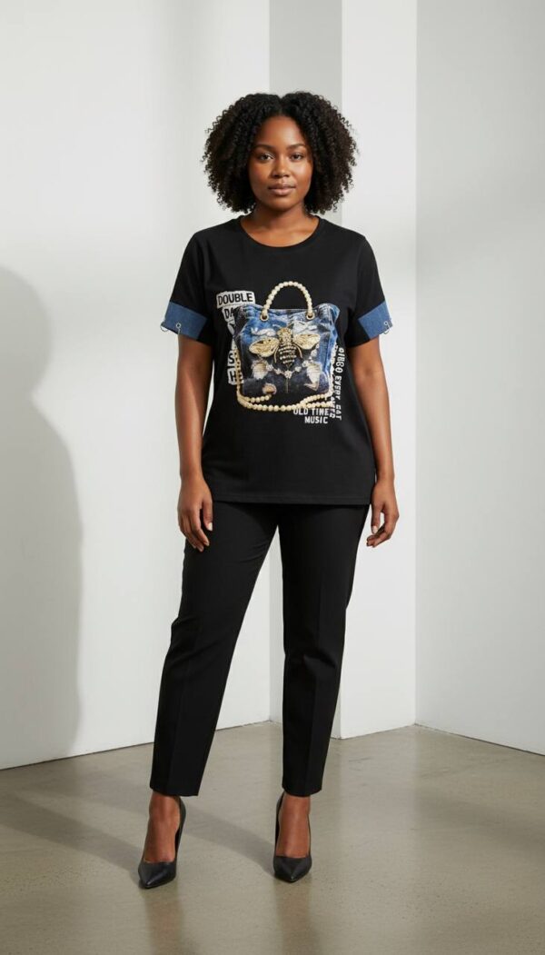 Premium Graphic Print Blouse with Denim Accents