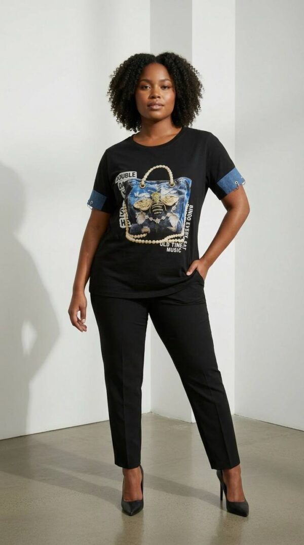 Premium Graphic Print Blouse with Denim Accents