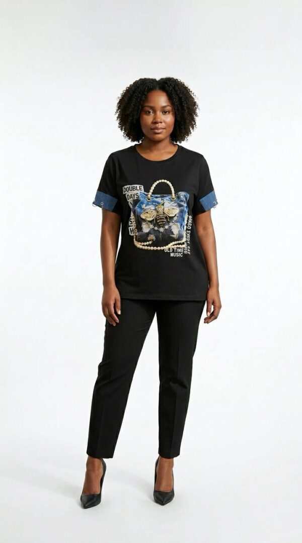 Premium Graphic Print Blouse with Denim Accents
