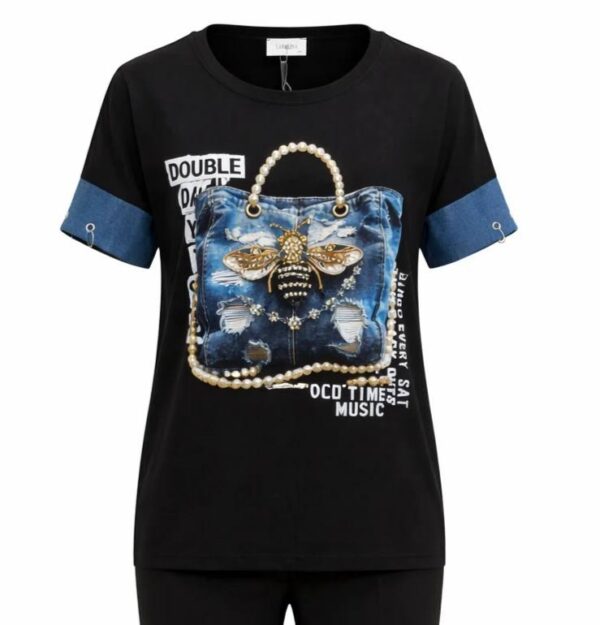 Premium Graphic Print Blouse with Denim Accents