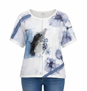 Elegant Floral Print Mixed Media Short Sleeve Blouse