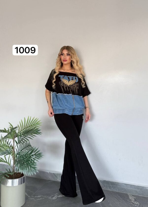 file_2134.jpg Chic Denim-Patch Graphic Tee and Flare Pants Set