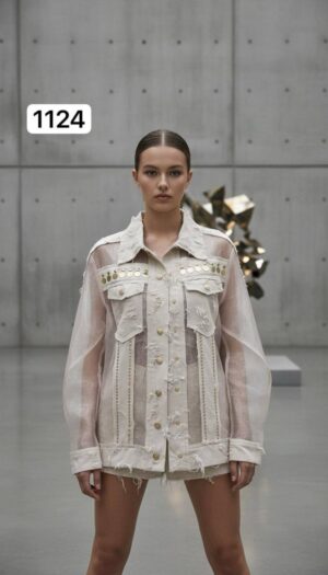 Sheer Panel Embellished Denim Style Jacket