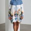 Cityscape Print Denim-Contrast Shirtdress