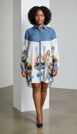 Cityscape Print Denim-Contrast Shirtdress