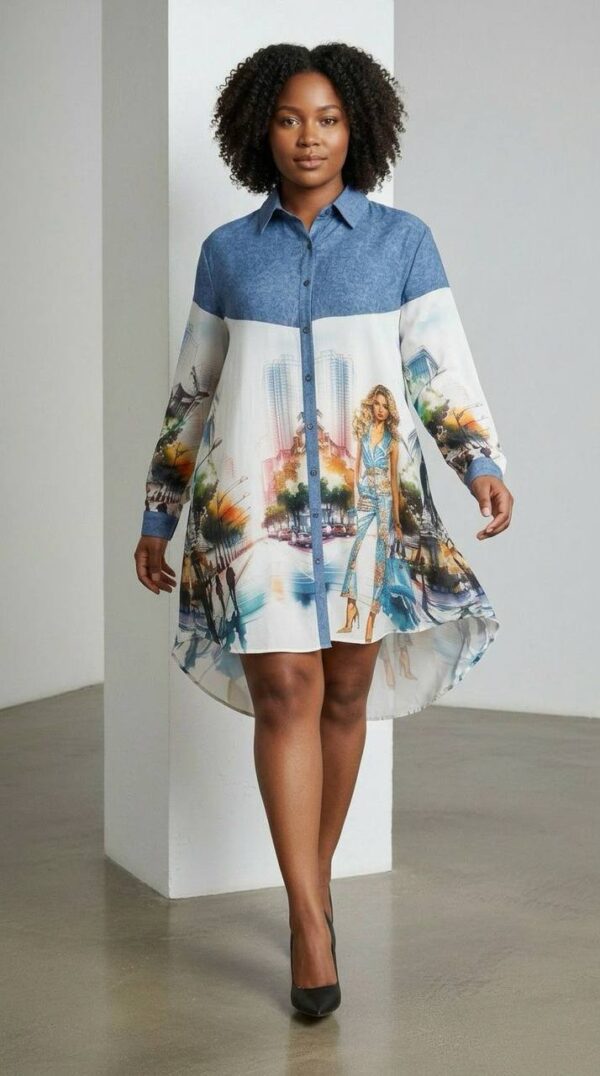 Cityscape Print Denim-Contrast Shirtdress