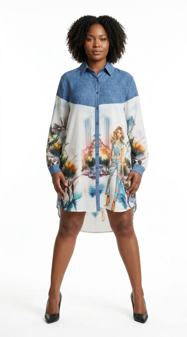 Cityscape Print Denim-Contrast Shirtdress