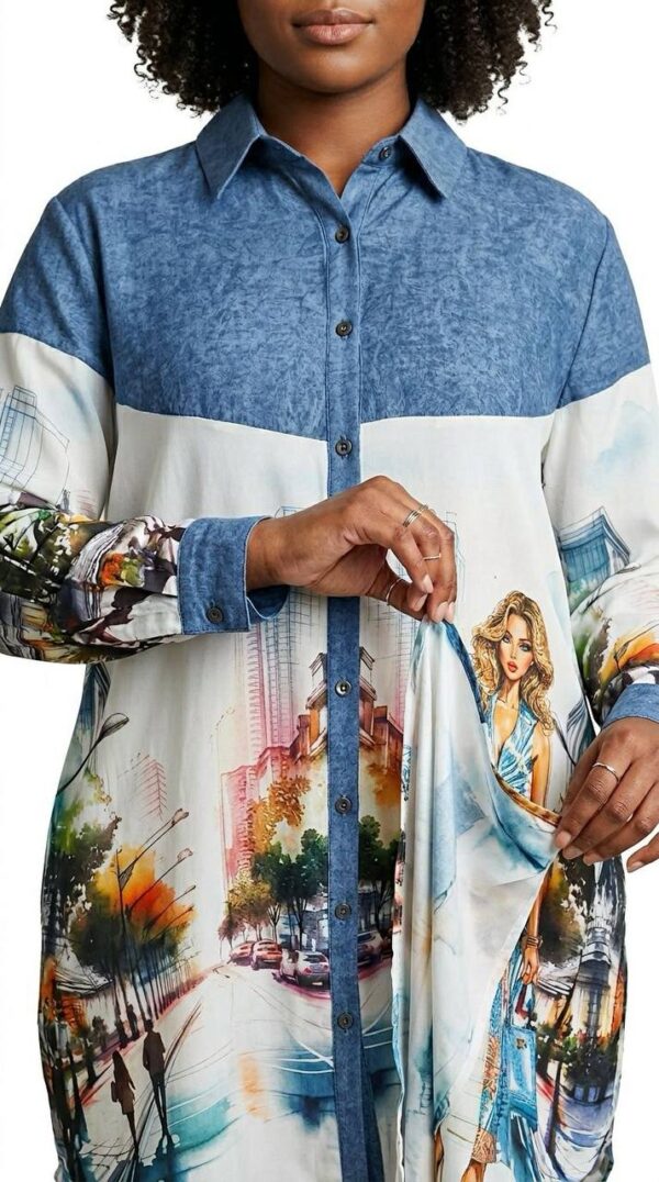 Cityscape Print Denim-Contrast Shirtdress