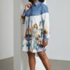 Cityscape Print Denim-Contrast Shirtdress
