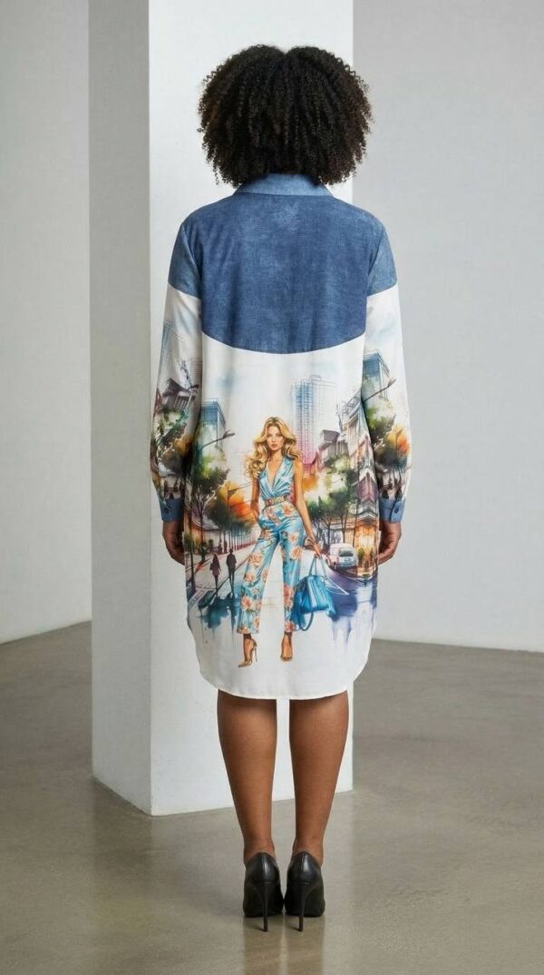 Cityscape Print Denim-Contrast Shirtdress