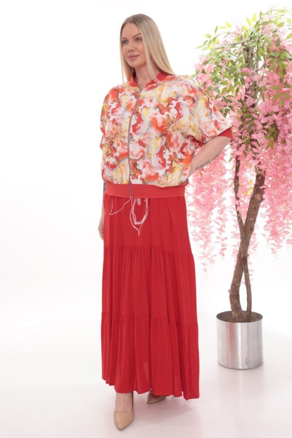 Artistic Print Bomber Jacket and Tiered Maxi Skirt Set