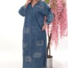 Rhinestone Embellished Distressed Denim Maxi Dress