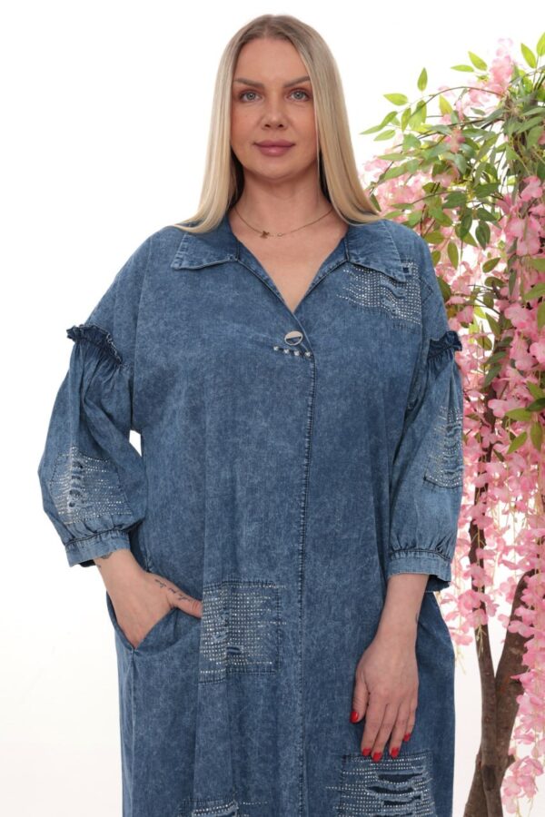 Rhinestone Embellished Distressed Denim Maxi Dress