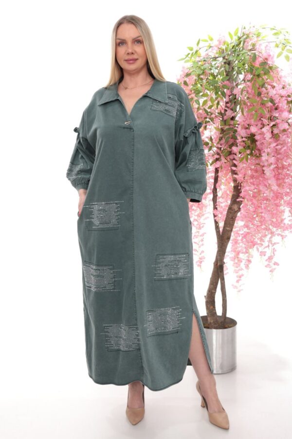 Rhinestone Embellished Distressed Denim Maxi Dress