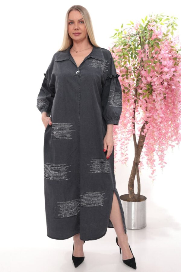 Rhinestone Embellished Distressed Denim Maxi Dress