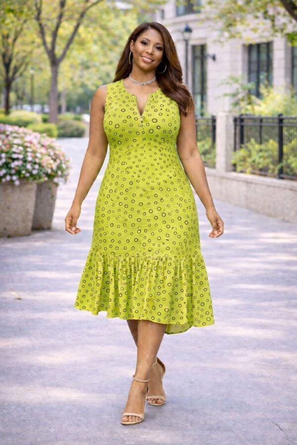 Wholesale Circle Print Ruffle Hem Midi Dress