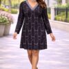 Chic Cat Print Dress with Striped V-Neck