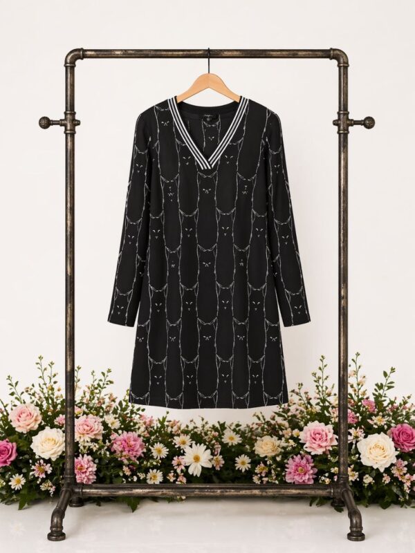Chic Cat Print Dress with Striped V-Neck