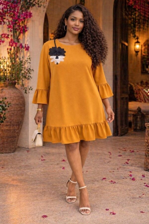 Ruffle Hem Tunic Dress with Floral Appliqué