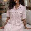 Short-Sleeve Utility Shirtdress with Elastic Waist