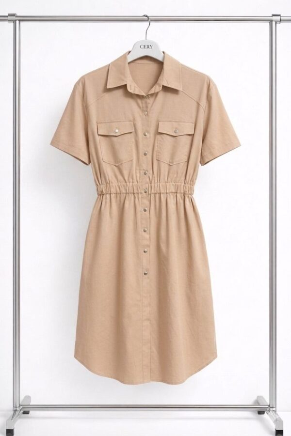 Short-Sleeve Utility Shirtdress with Elastic Waist