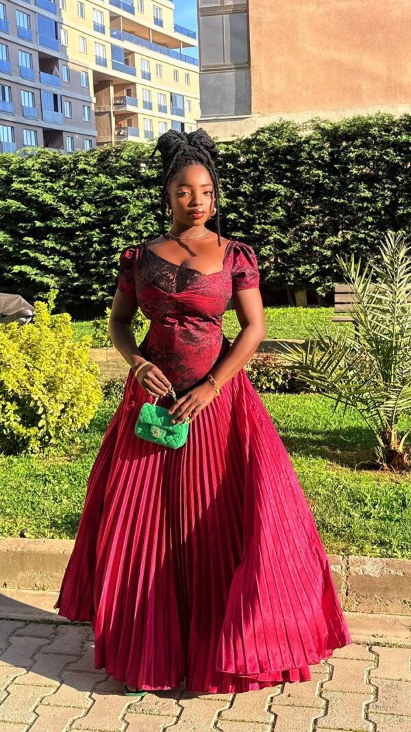 Regal Brocade Bodice Pleated Evening Gown
