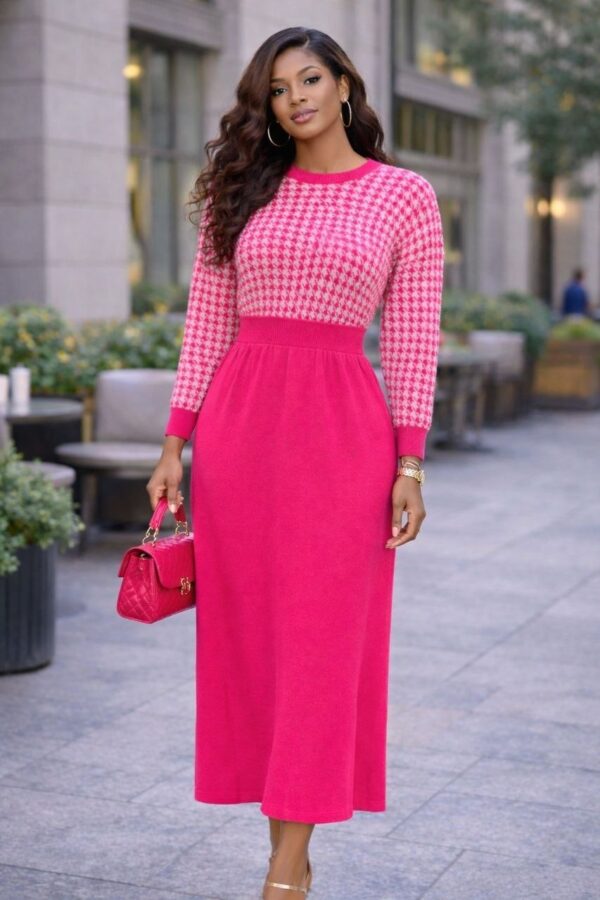Two-Tone Houndstooth Knit Sweater Dress