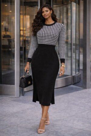 Elegant Houndstooth Knit Midi Dress