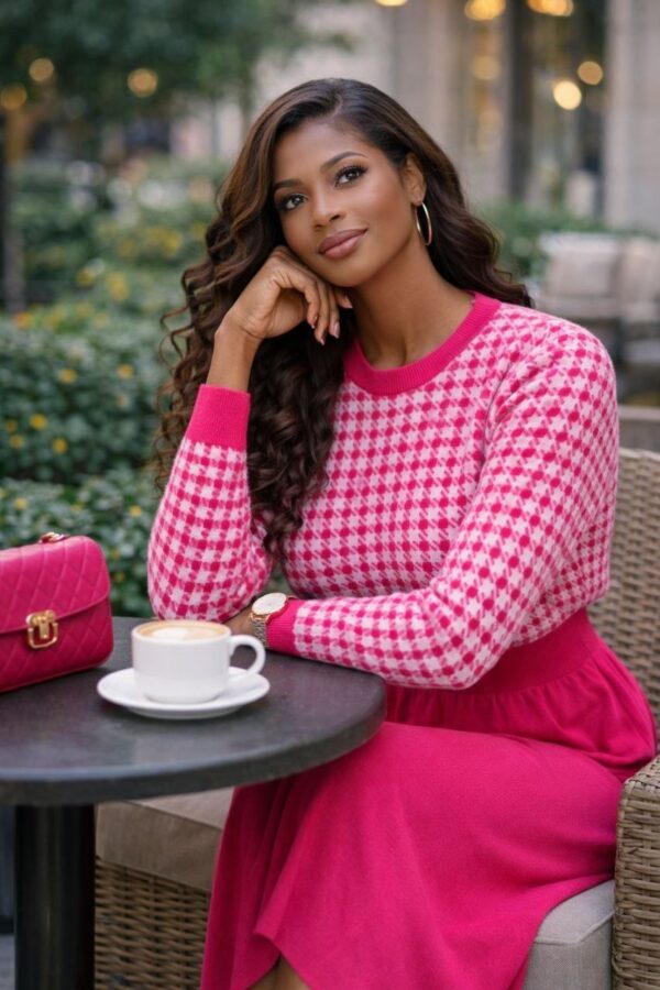 Two-Tone Houndstooth Knit Sweater Dress