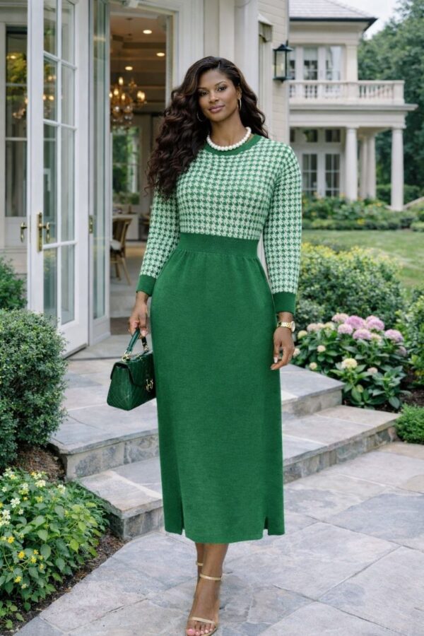 Two-Tone Houndstooth Knit Sweater Dress